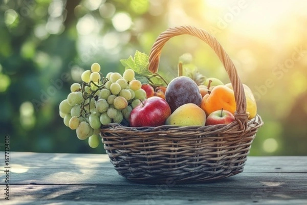 Fototapeta Wicker basket filled with fresh fruit including grape, apple, pear, plum and peach in warm sunlight creating rustic, healthy still life feeling