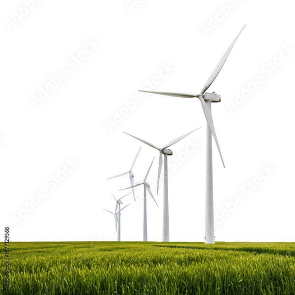 Fototapeta Group of Modern Wind Turbines Generating Clean Energy in Field [Transparent Background PNG]