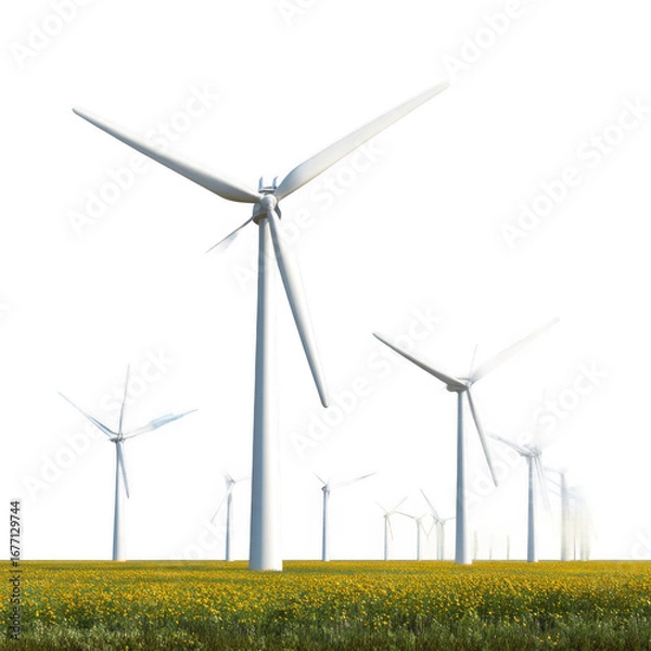 Fototapeta Group of Modern Wind Turbines Generating Clean Energy in Field [Transparent Background PNG]