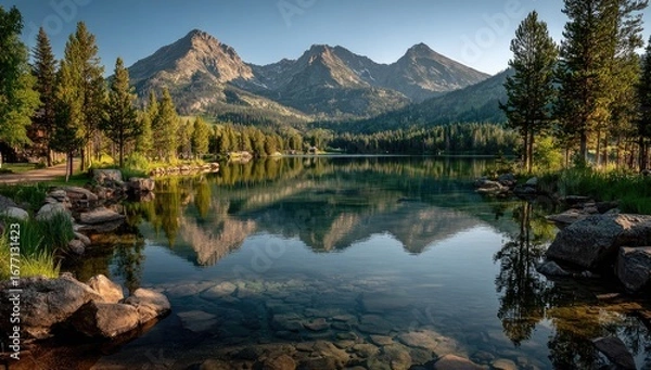 Fototapeta Serene mountain lake reflecting peaks at dawn