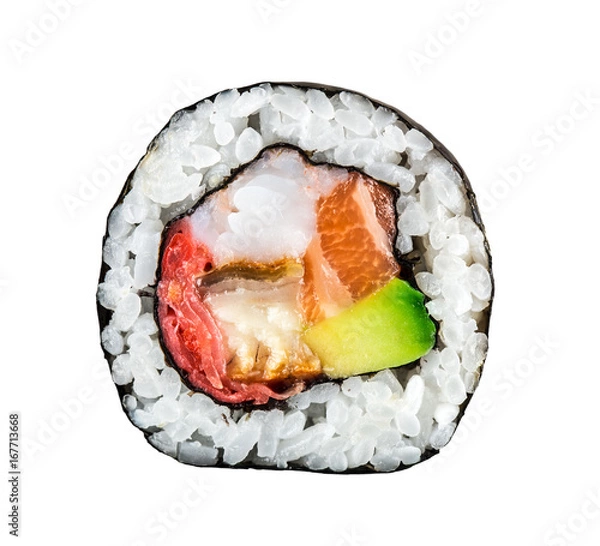 Obraz Sushi roll z łososiem, krewetkami i awokado