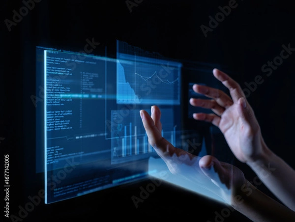 Fototapeta Hands interacting with a futuristic holographic interface displaying complex code and data visualizations. Represents advanced technology, artificial intelligence, software development, and digital in