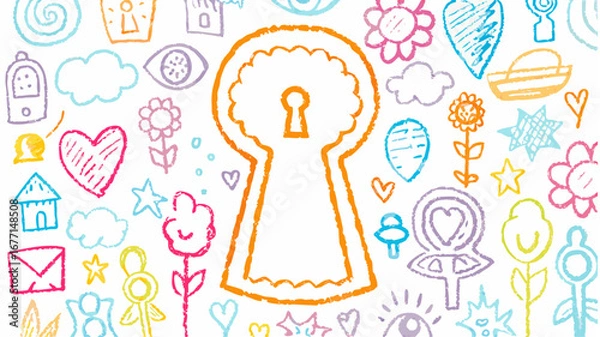 Obraz Hand drawn keyhole with flower and heart doodles scattered on a white background in pastel colors