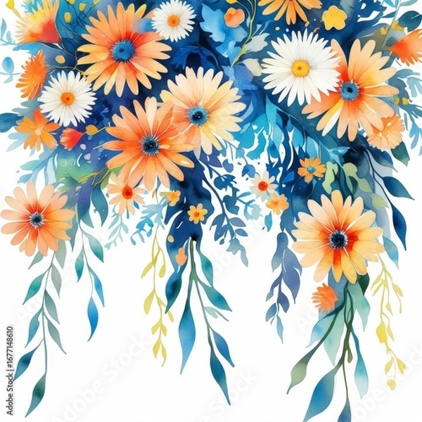 Obraz Vibrant watercolor bouquet with sunflowers, daisies, and small flowers in blue and orange tones, painted on a clean white background, bright and artistic floral composition.
