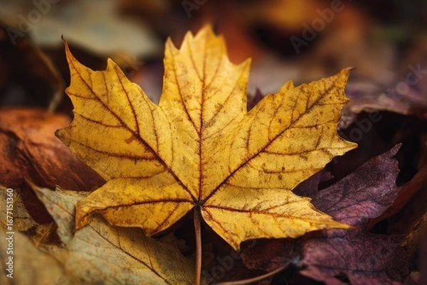 Fototapeta Close-up of a vibrant autumn leaf amidst fallen foliage