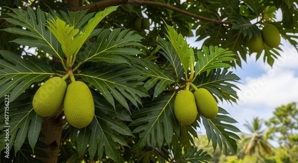 Obraz Breadfruit tree bearing vibrant green fruits in a lush tropical garden setting during the day