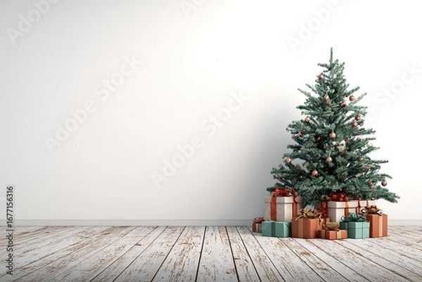 Obraz Christmas tree with presents in a white room