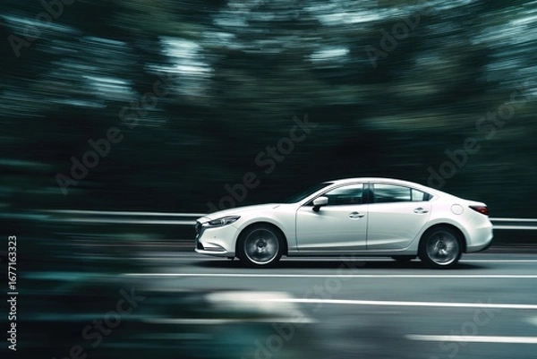 Fototapeta White car moving fast on a highway, trees blurred in motion