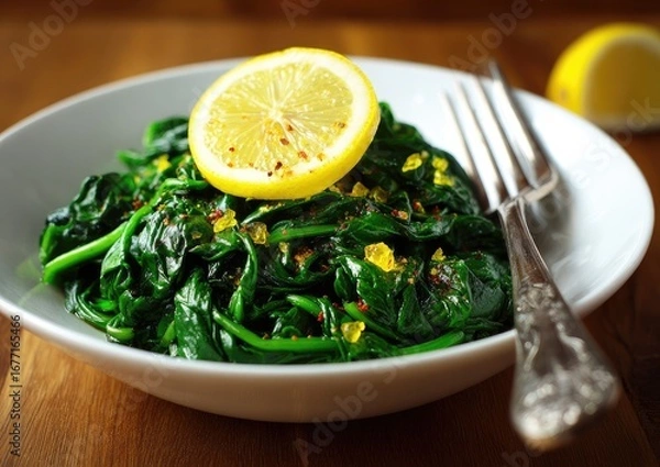 Fototapeta A bowl of sauteed spinach topped with lemon and spices