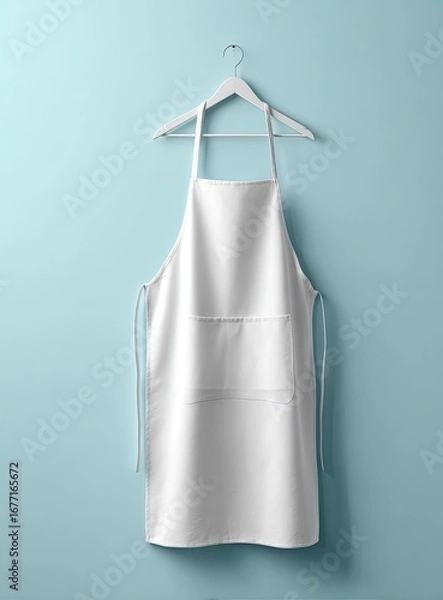 Fototapeta A plain white apron hangs on a white hanger against a light teal wall