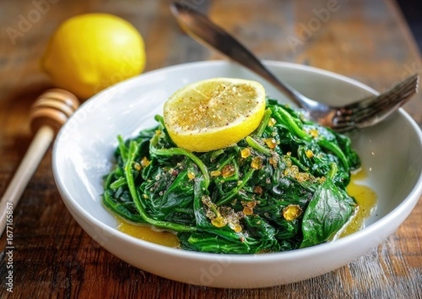 Fototapeta Saut?ed spinach with lemon and honey