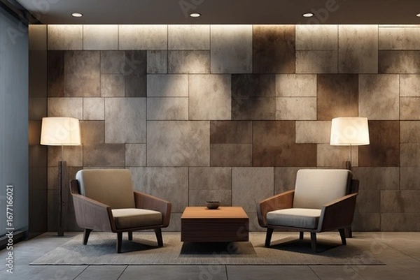 Fototapeta Modern minimalist living room with warm tones and a tiled wall.  Two light beige armchairs face a light brown coffee table in a sophisticated, muted interior