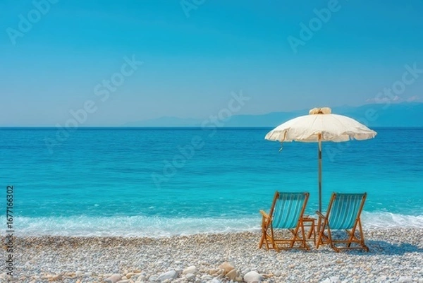 Fototapeta Turquoise beach with sun loungers and umbrella