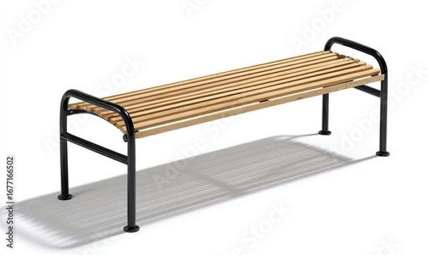 Fototapeta Simple park bench with light wood slats and black metal frame