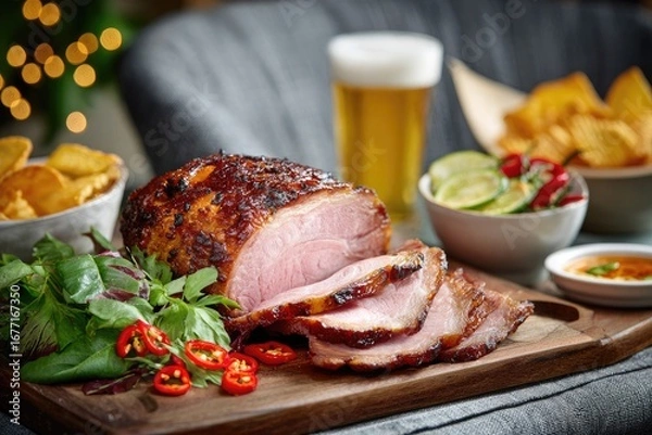 Fototapeta Sliced glazed ham served with sides