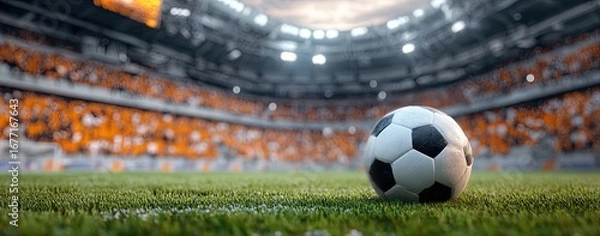 Fototapeta Soccer ball on a grassy field in a stadium filled with orange-clad fans