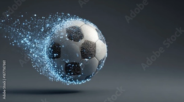 Fototapeta Soccer ball explodes in a digital dust cloud against a muted gray background