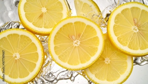 Fototapeta Dynamic splash of water with vibrant lemon slices—bright yellow citrus in motion, refreshing and clean aesthetic with crisp clarity.
