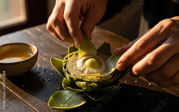 Fototapeta A person's hands prepare a fresh artichoke, squeezing lemon juice over the heart, a classic step in cooking this gourmet vegetable.