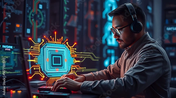 Fototapeta Quantum firmware engineer coding with glowing chip diagram hologram in foreground