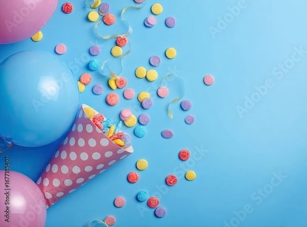 Fototapeta Pastel-colored party decorations, including balloons, a paper cone filled with colorful candies, and confetti, on a light-blue background