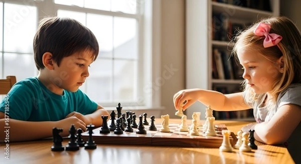 Fototapeta Young Minds Engaging in a Strategic Chess Match at Home, Creating Memories Together