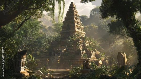 Fototapeta An ancient temple emerges from dense jungle foliage, revealing intricate stonework illuminated by soft, natural light.