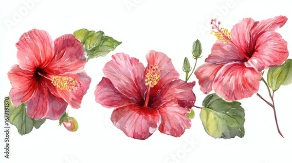 Obraz Three vibrant red hibiscus flowers with green leaves, showcasing detailed petals and yellow stamen, ideal for floral designs or nature-themed projects