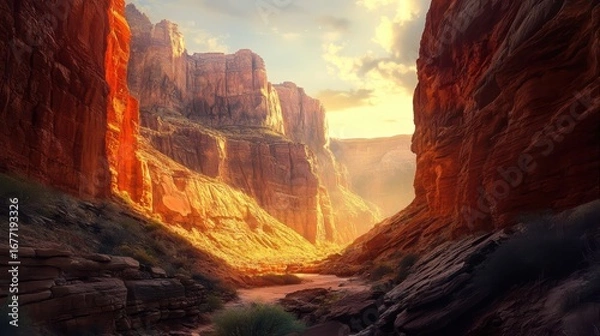 Fototapeta A stunning canyon landscape bathed in warm sunlight, highlighting the rocky cliffs and serene atmosphere, inviting exploration and adventure.