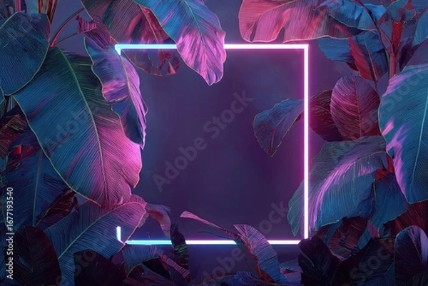 Fototapeta Neon square frame surrounded by vibrant tropical leaves in a dark, moody setting