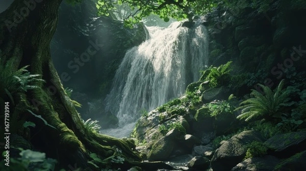 Fototapeta A serene landscape featuring a cascading waterfall surrounded by lush greenery and vibrant ferns in a tranquil forest setting.