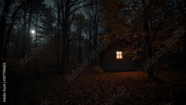 Obraz A small wooden cabin on the edge of an autumn forest under a full moon