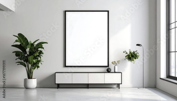 Fototapeta Blank Picture Frame Mockup in Modern Minimalist Living Room with Plant Decor.