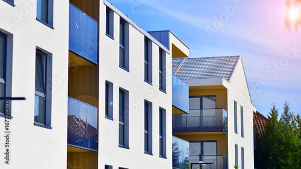 Fototapeta Modern elements in contemporary  architecture. Architectural details of a modern apartment building.