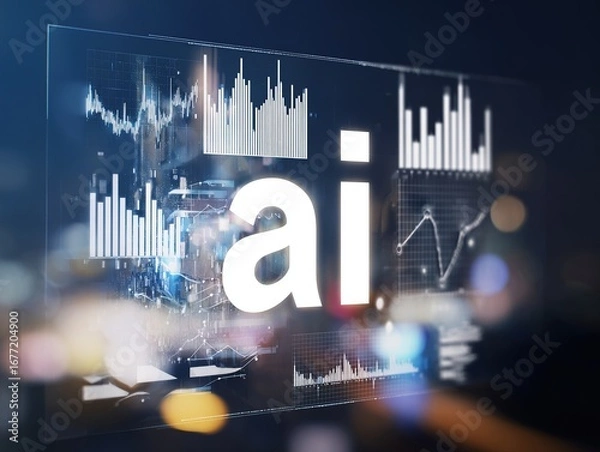 Fototapeta Artificial Intelligence and Business Data Analytics Interface with Financial Charts and AI Hologram  Fintech and Digital Technology Concept