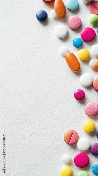 Fototapeta Colorful pills and medical symbolic background, top view on white paper with copy space for healthcare poster, pharmaceutical ad design, high-resolution image