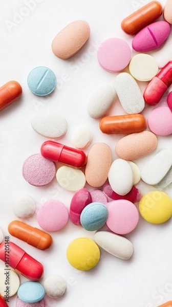 Fototapeta Colorful pills and medical symbolic background, top view on white paper with copy space for healthcare poster, pharmaceutical ad design, high-resolution image
