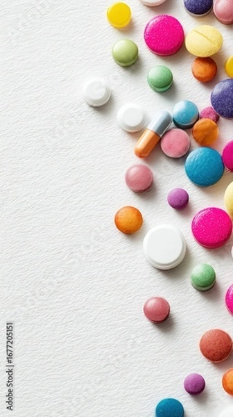 Fototapeta Colorful pills and medical symbolic background, top view on white paper with copy space for healthcare poster, pharmaceutical ad design, high-resolution image