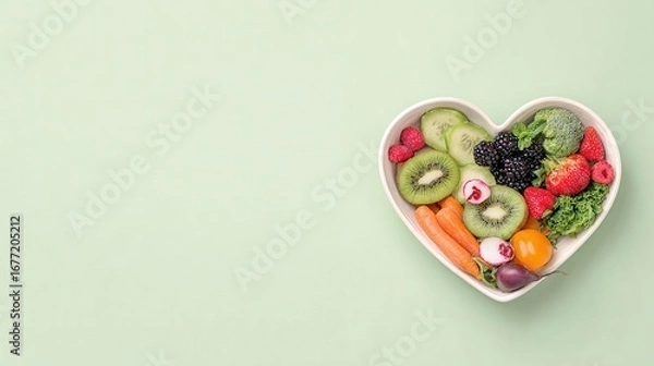 Fototapeta Fruits and vegetables in heart-shaped bowl on pastel green background, healthy eating concept with copy space for text, minimalist style