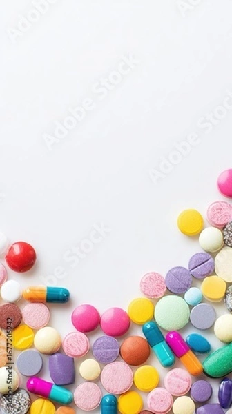 Fototapeta Colorful pills and medical symbolic background, top view on white paper with copy space for healthcare poster, pharmaceutical ad design, high-resolution image