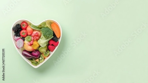 Fototapeta Fruits and vegetables in heart-shaped bowl on pastel green background, healthy eating concept with copy space for text, minimalist style
