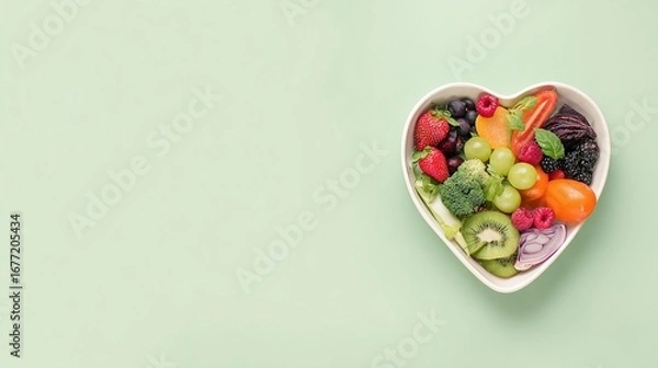 Fototapeta Fruits and vegetables in heart-shaped bowl on pastel green background, healthy eating concept with copy space for text, minimalist style