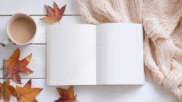 Fototapeta White blank notebook mockup on white wooden table with autumn leaves, coffee cup and knitted blanket, flat lay top view with copy space for blog design, social media content