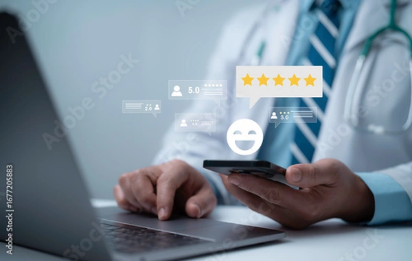 Fototapeta Doctor using smartphone and laptop with floating star rating icons representing online reviews, digital feedback management and patient satisfaction in modern healthcare services