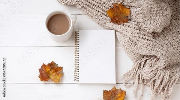 Fototapeta White blank notebook mockup on white wooden table with autumn leaves, coffee cup and knitted blanket, flat lay top view with copy space for blog design, social media content