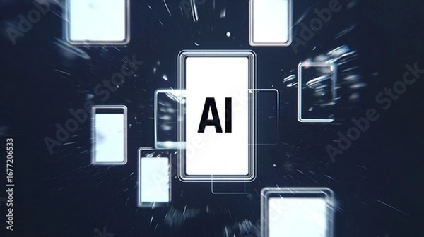 Fototapeta Futuristic Digital Art of AI on White Phone Screen with Glitch Effects and Multiple Smartphones �C Abstract Technology Concept