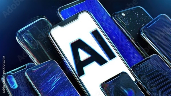 Fototapeta Futuristic Digital Art of AI on White Phone Screen with Glitch Effects and Multiple Smartphones �C Abstract Technology Concept