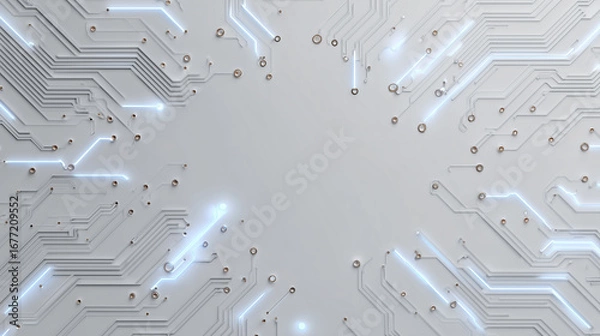 Fototapeta Overhead flat lay, clean white background. Minimal glowing AI circuit icon in one corner,