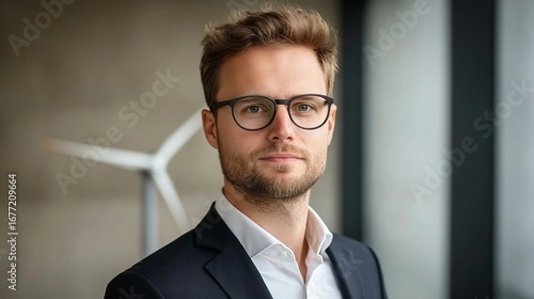 Fototapeta Portrait of a man with glasses and a suit with a wind turbine in the background in soft focus