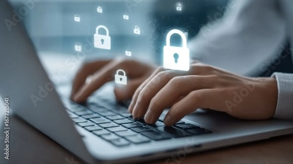 Obraz Engaging in Online Security Practices with Digital Lock Icons Above a Laptop Keyboard Reflecting the Importance of Data Protection and Cybersecurity Awareness